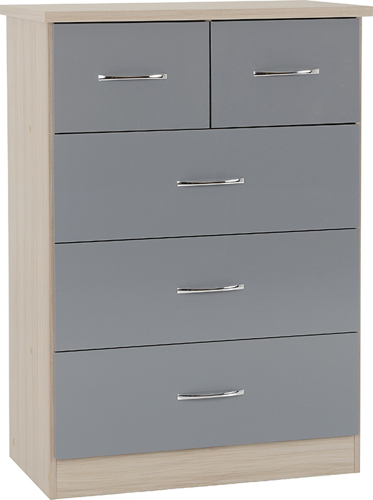 Nevada 3+2 Drawer Chest In Grey Gloss & Light Oak Effect